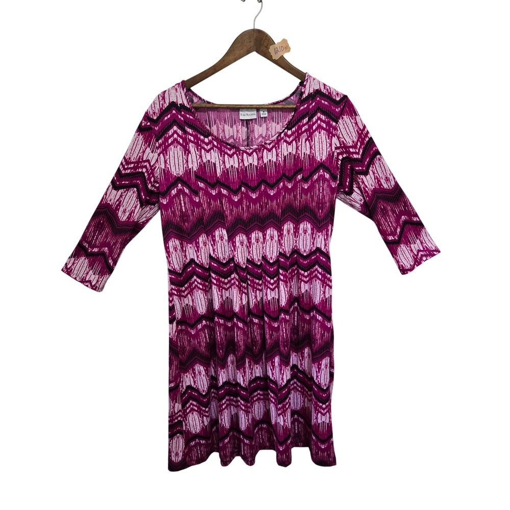 Kim Rogers Womens Pink Purple Chevron Ikat Print 3/4 Sleeve Knit Dress Medium